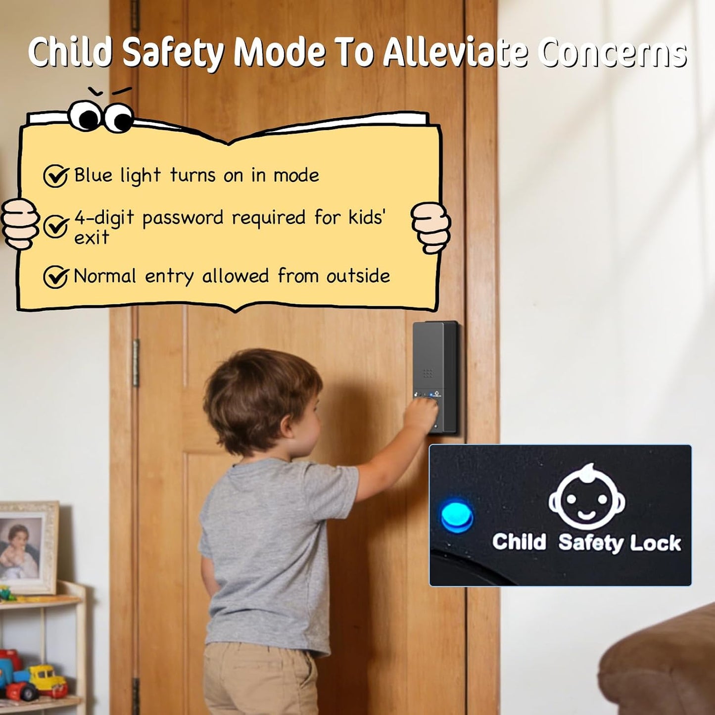 Interior Child Safety Mode with blue status indicator on the smart door lock