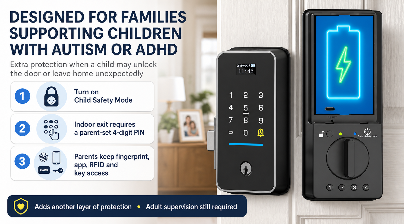 Six adult access methods supported by the Bestkid child-safe door lock
